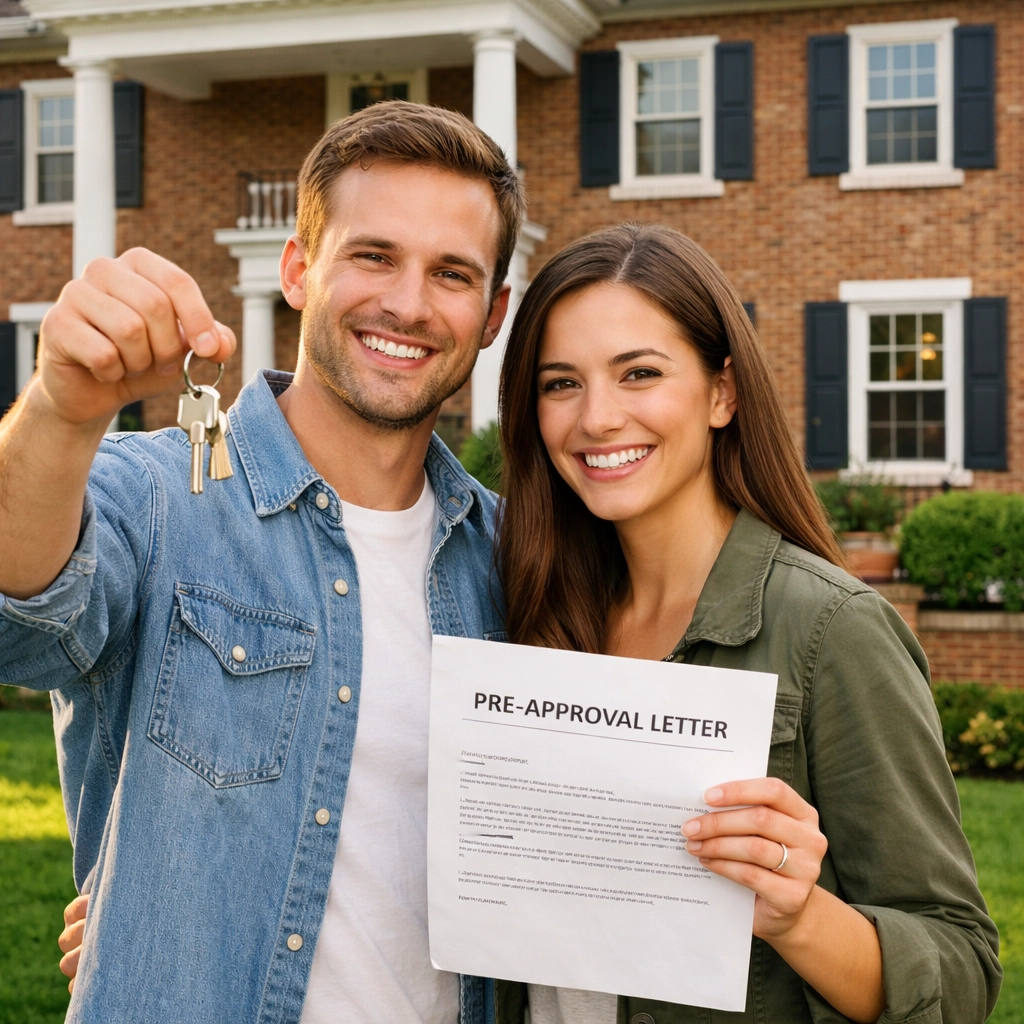 Happy homebuyers holding keys and mortgage pre-approval letter in front of new home in Columbus