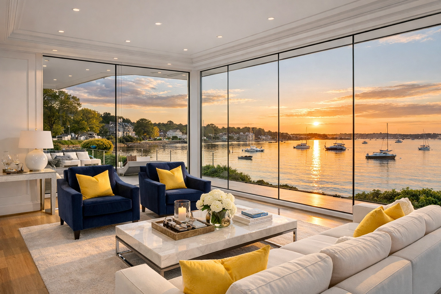 Pristine luxury living room in Hingham with panoramic views of Hingham Harbor.