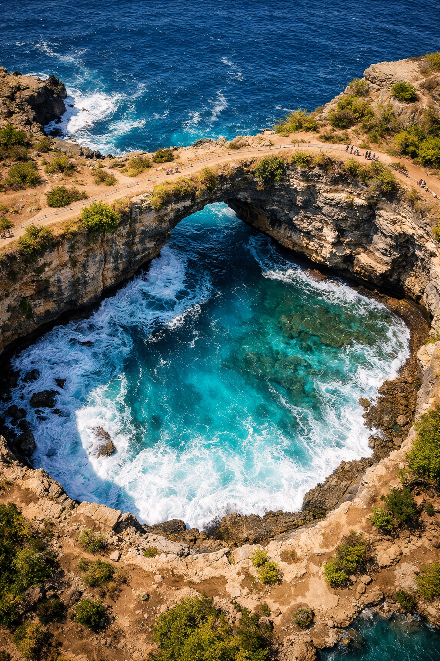 Aerial drone view of Broken Beach in Nusa Penida, a top photography location in Bali.