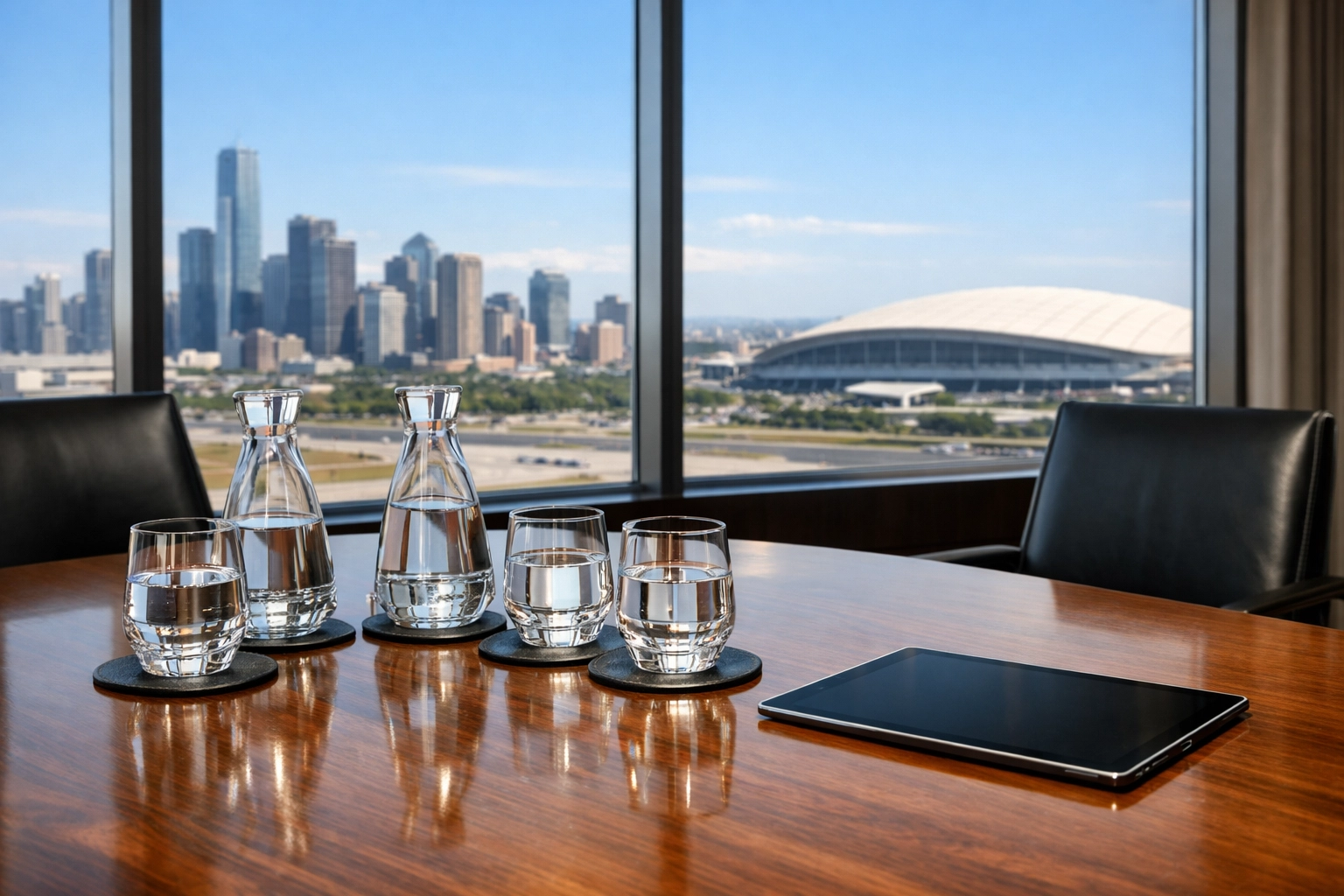 Luxury executive lounge overlooking the stadium for strategic Super Bowl corporate planning.