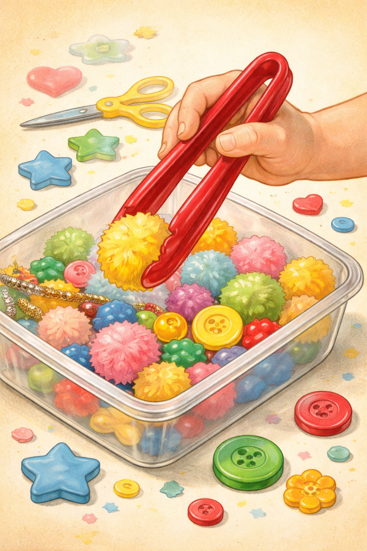 Child's hands using red tongs to pick a yellow pom pom from a bin of colorful craft items during sensory play