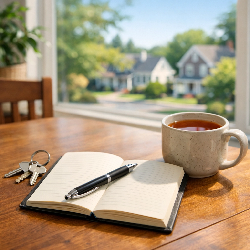 Desk with notebook and keys for organizing rent assistance in Burlington County NJ.
