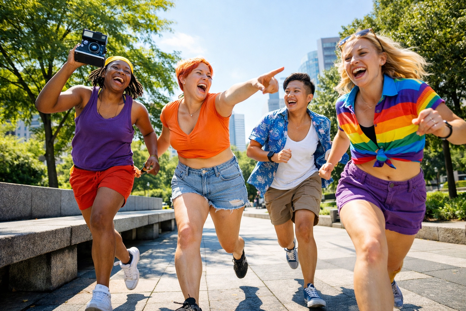 Diverse LGBTQ+ friends laughing and running together during a Pride-themed photo scavenger hunt.