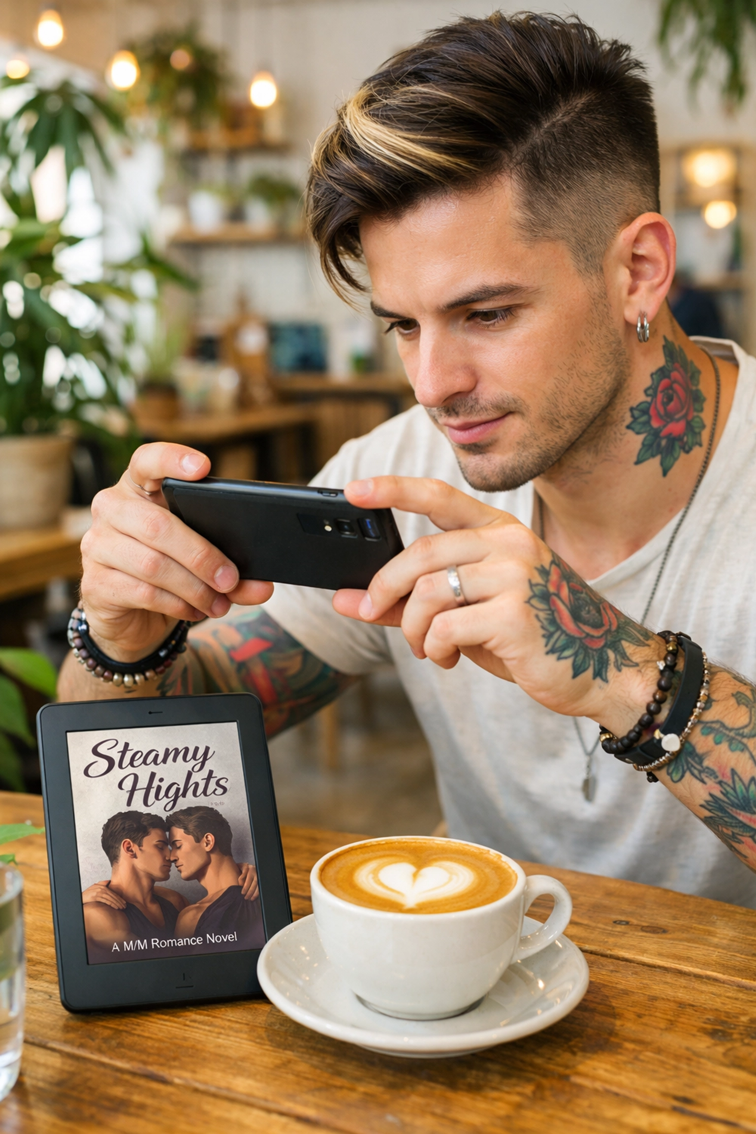 A gay book reviewer photographing an e-reader in a cafe to share a new MM romance book review.