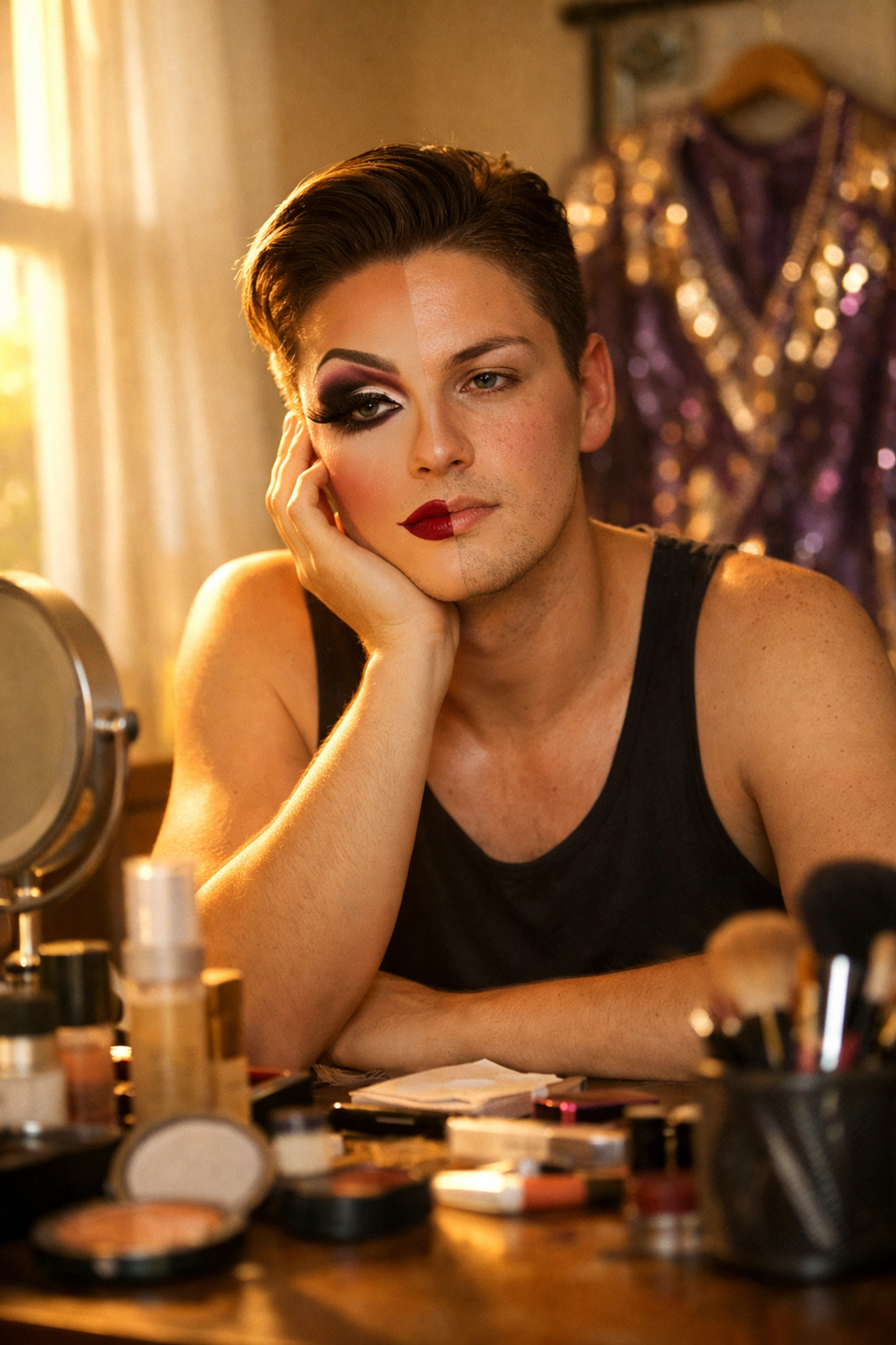 Drag artist removing stage makeup at vanity table, showing dual identity off-stage
