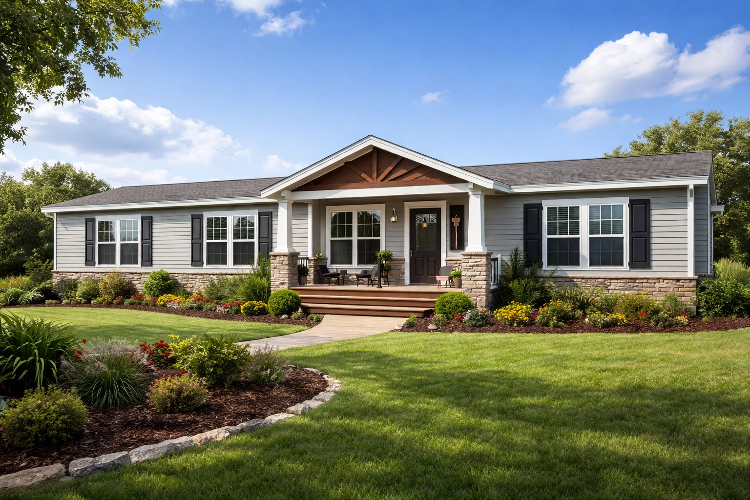 Modern double-wide manufactured home exterior with front porch and landscaped yard in Texas