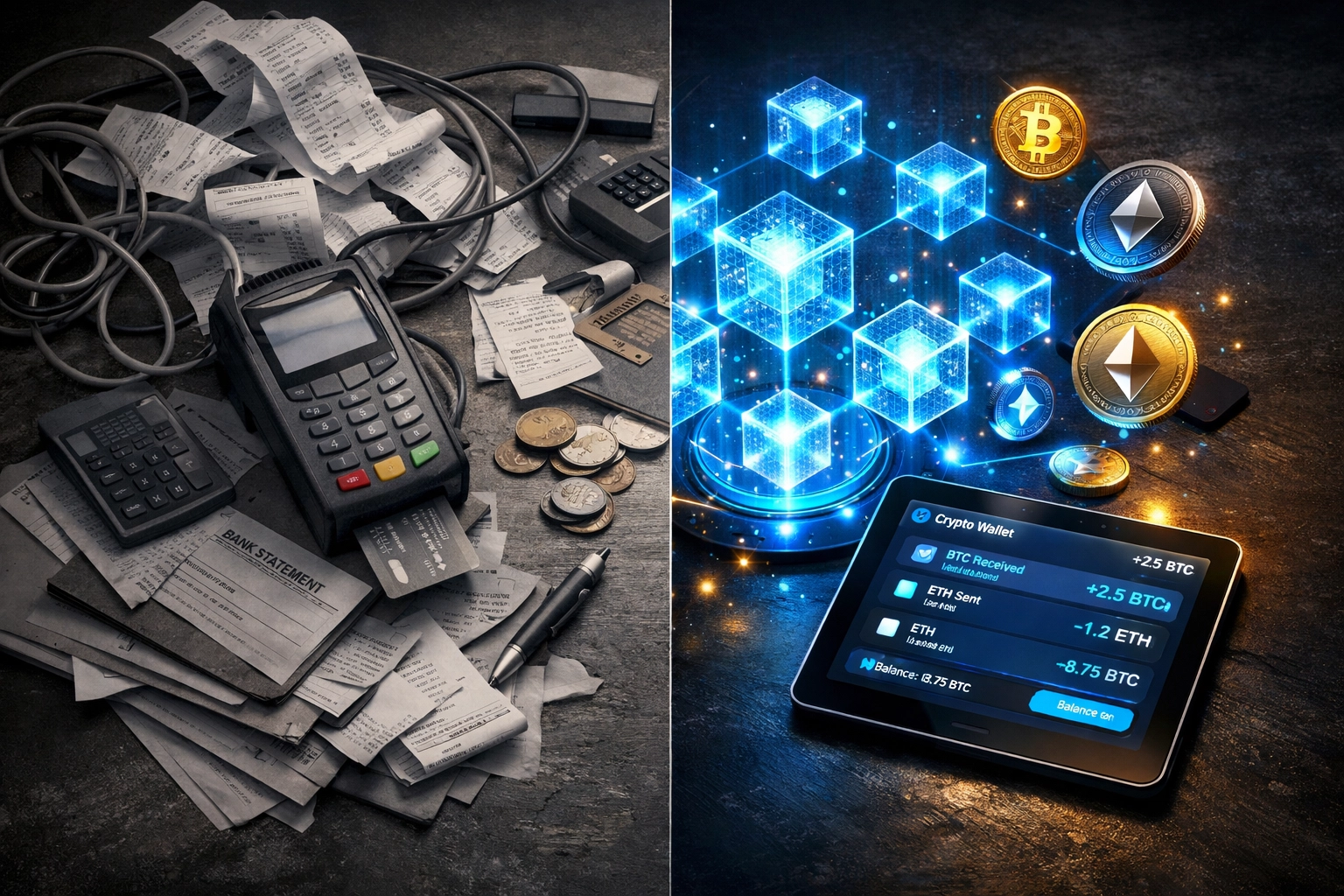 Traditional payment terminal vs blockchain crypto payments comparison for merchants