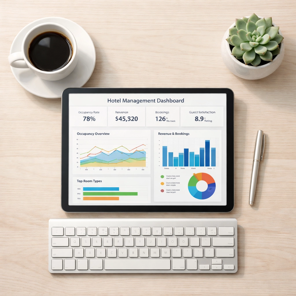 Hotel manager reviewing cloud-native PMS dashboard on tablet at modern workspace