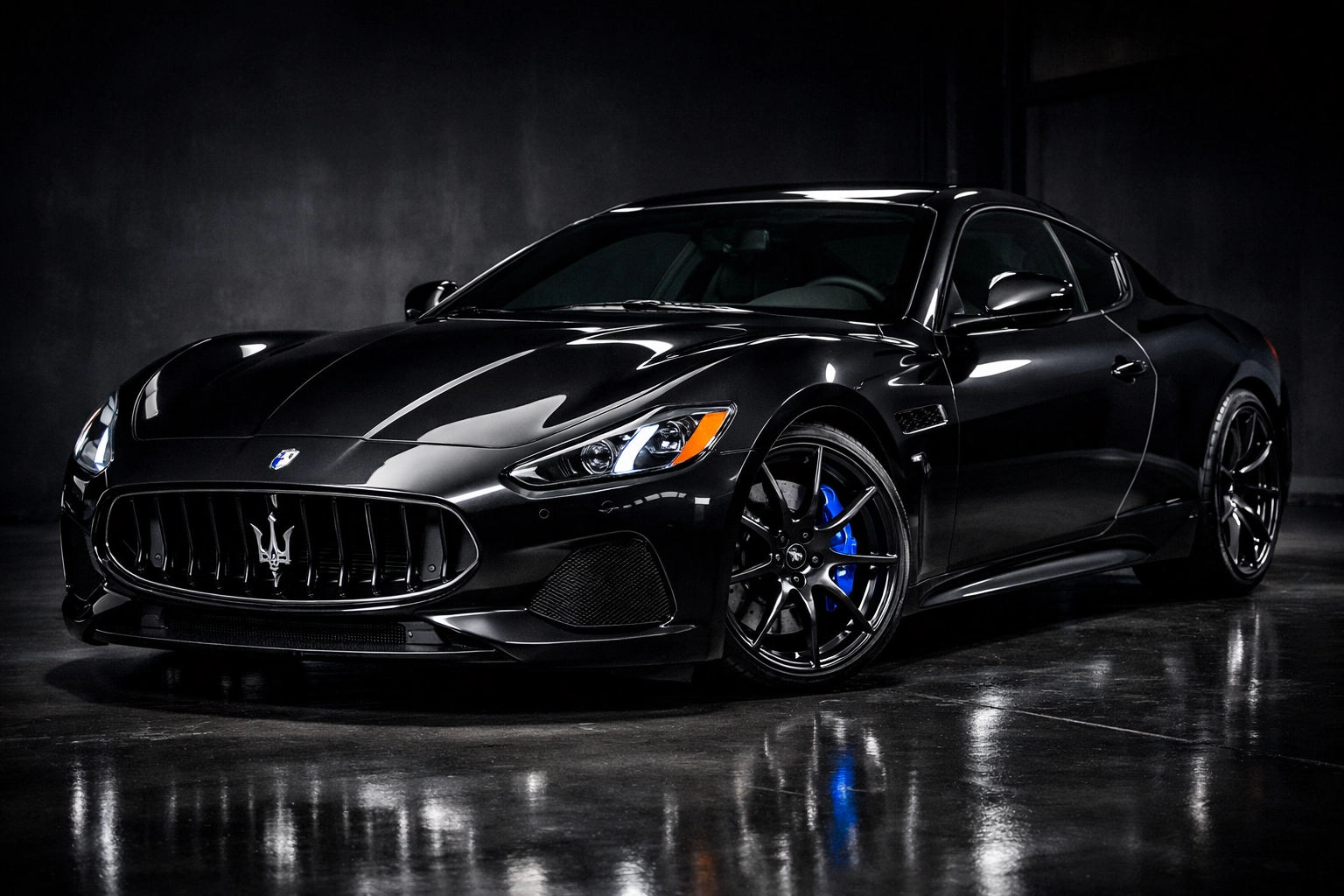 AI-generated Maserati image with glossy blue calipers (concept visual)