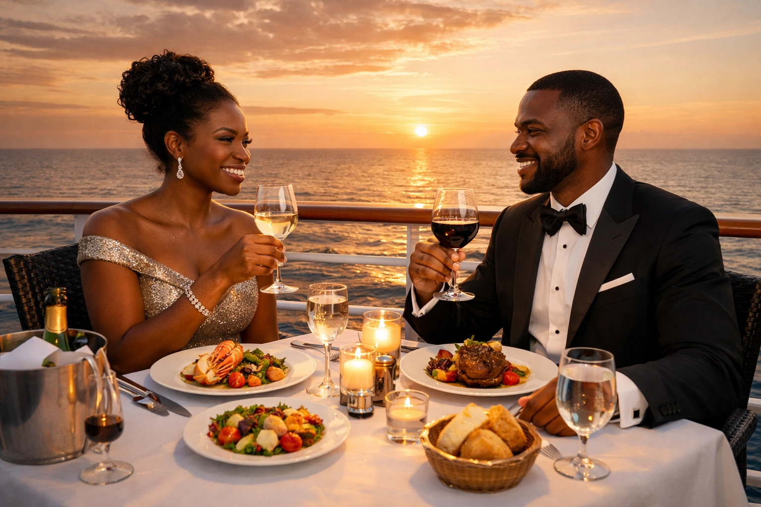 Black couple enjoying a sunset dinner on a balcony, perfect for all-inclusive luxury cruise deals.