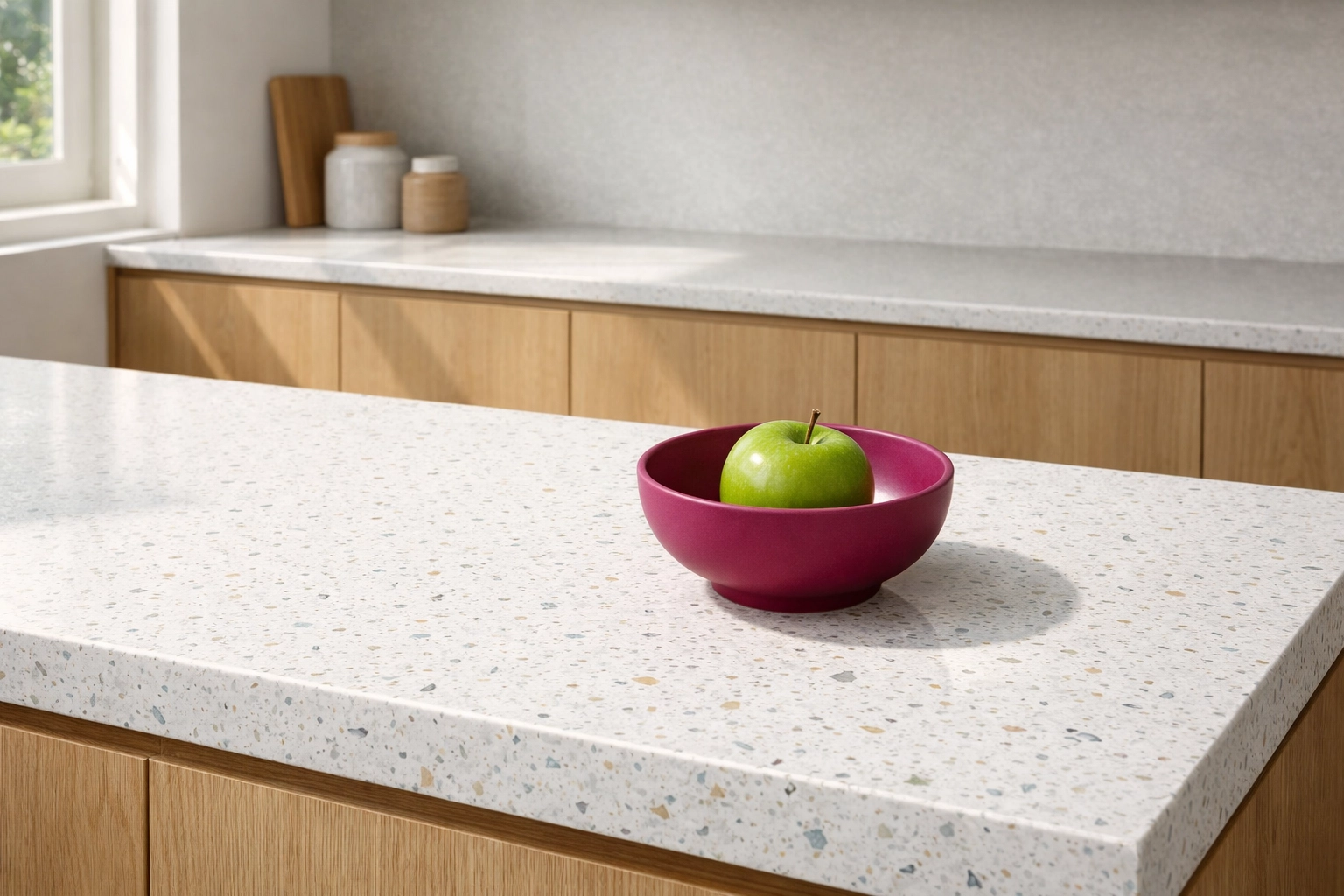 White Confetti recycled plastic benchtop in a modern kitchen renovation with timber cabinetry.
