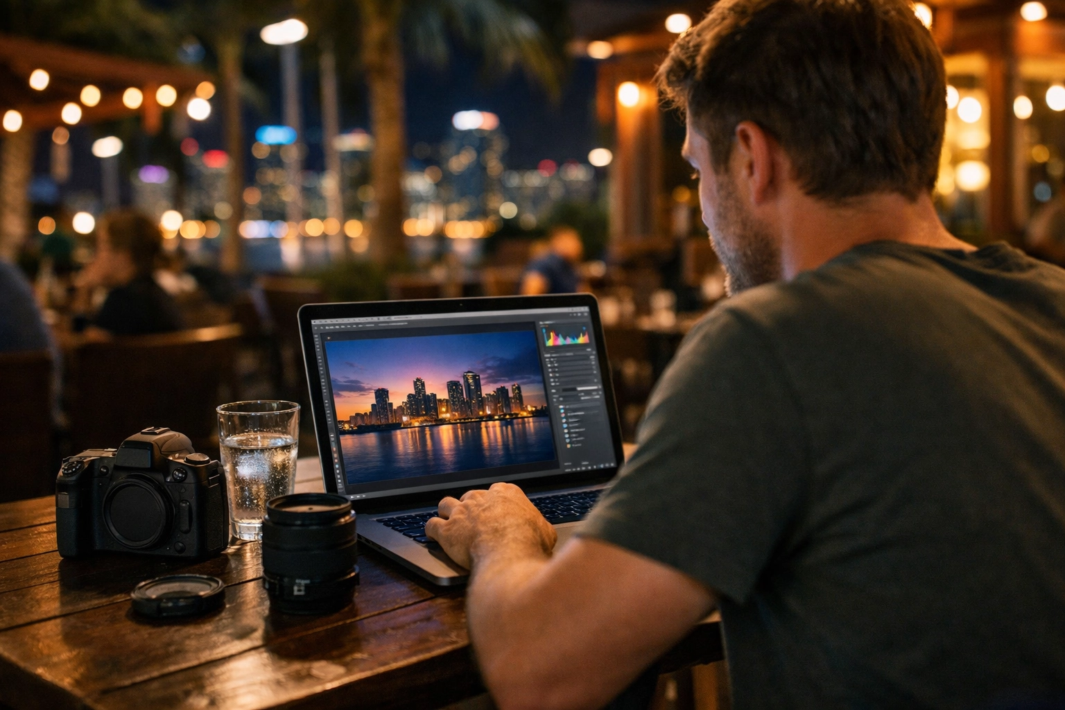A photographer editing high-resolution Miami night skyline images on a laptop at an outdoor cafe.