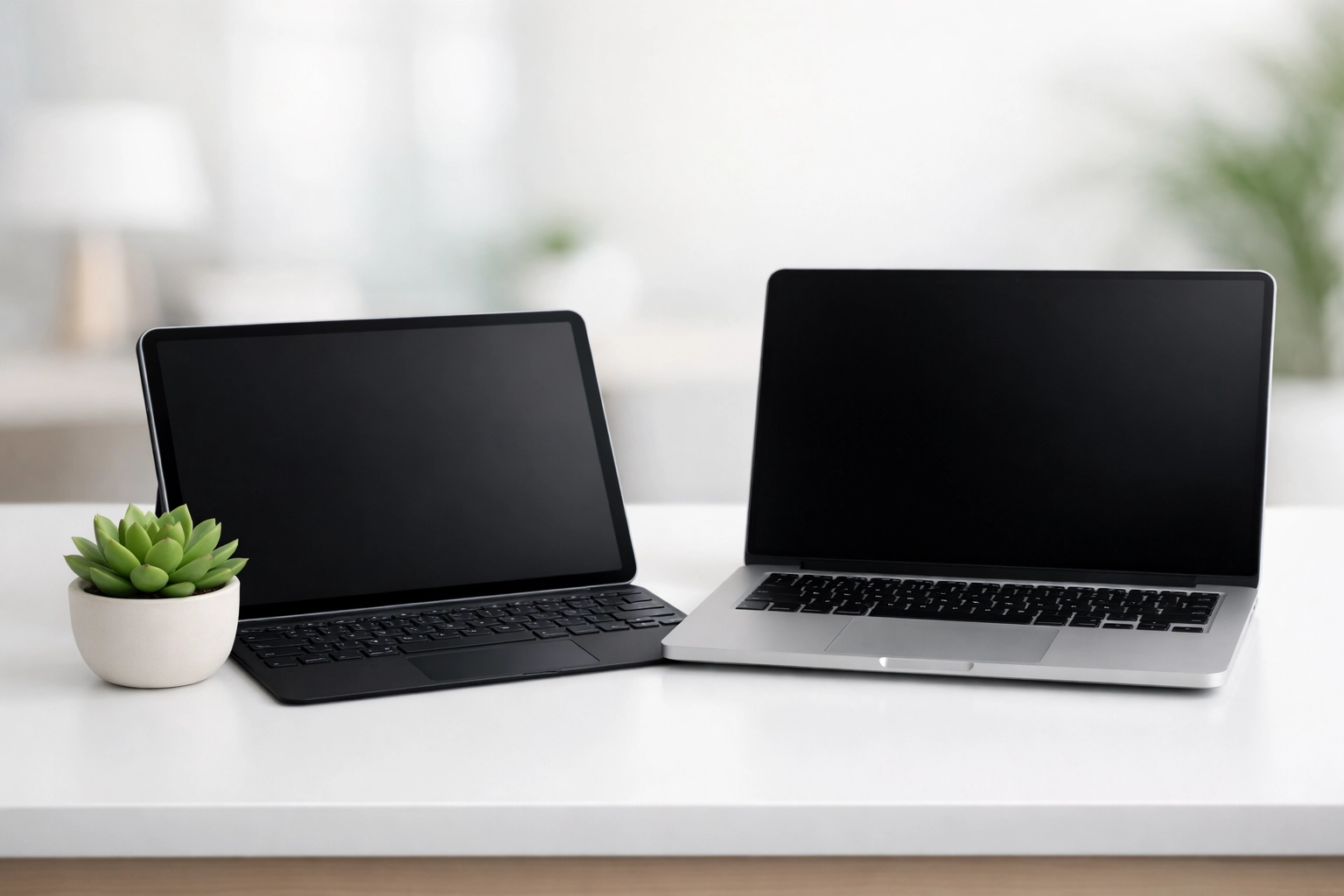 A clean, minimalist office desk with a laptop and tablet, showcasing tech-enabled janitorial management.