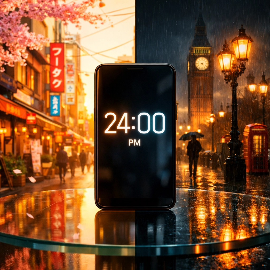 Smartphone with a 24-hour time display illustrating time zone offsets between morning in Tokyo and midnight in London.