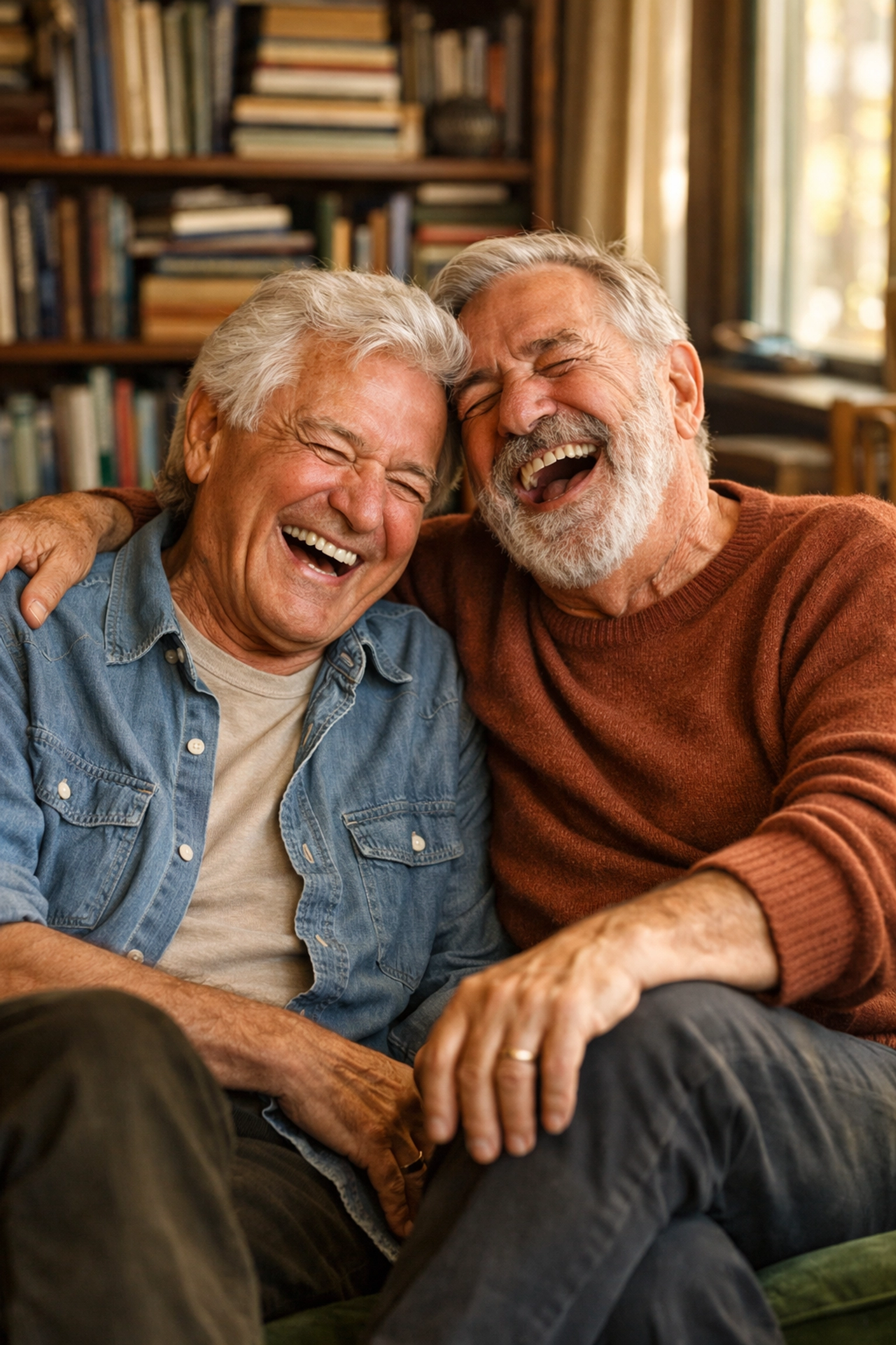Authentic portrait of two laughing older gay men in a library, celebrating the vibrancy of queer elders.