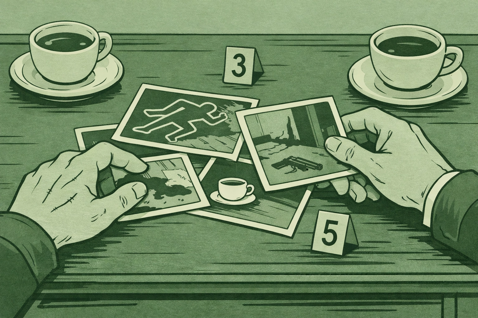 Two men examining crime scene photos during murder investigation in gay thriller novel