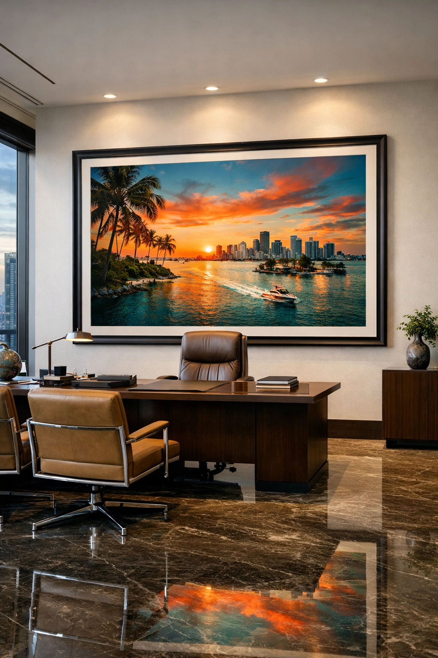 Professional office interior featuring framed fine art photography of a Miami seascape on the wall.