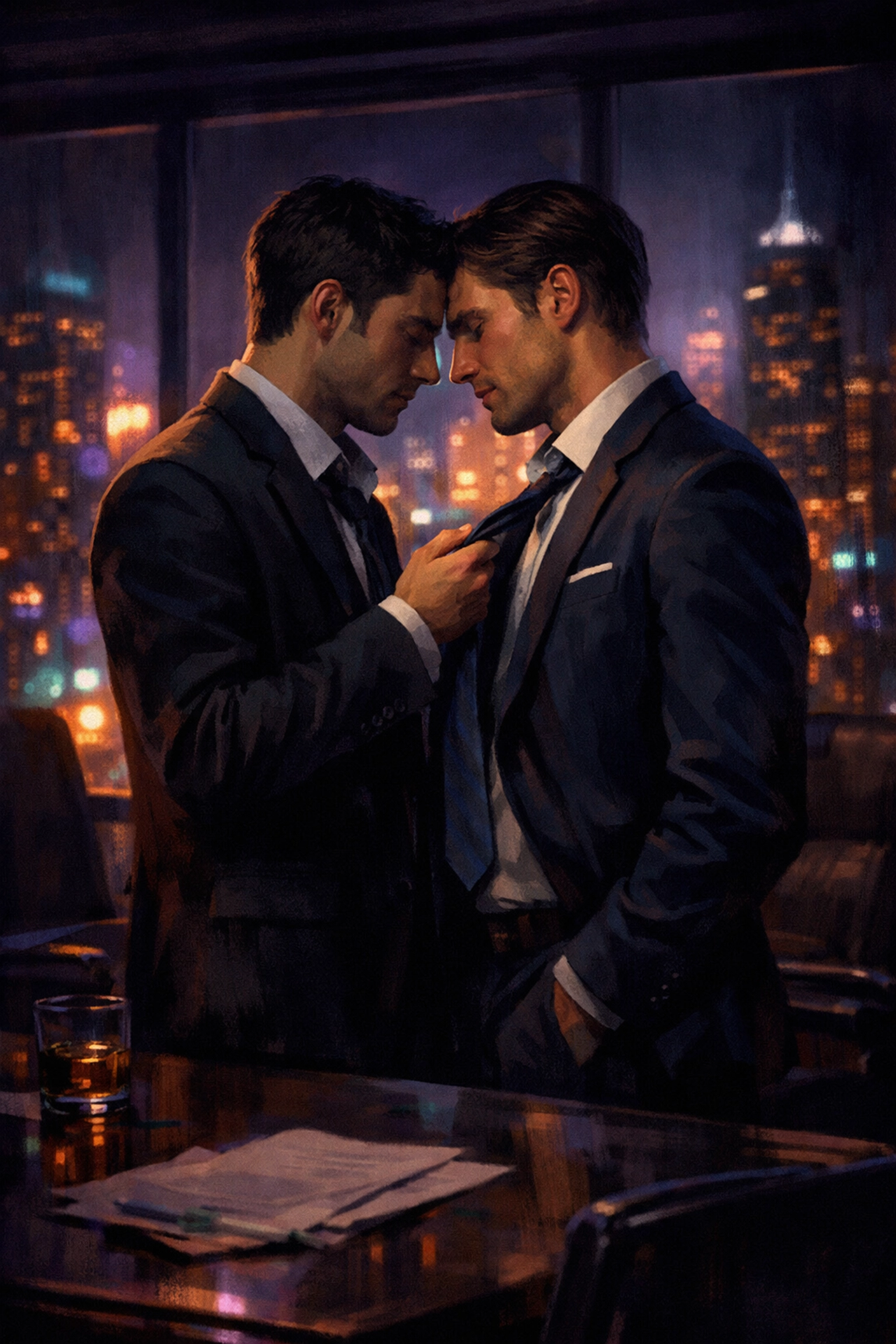 Two men in suits sharing an intimate moment in a moonlit boardroom, illustrating a steamy mm romance story.
