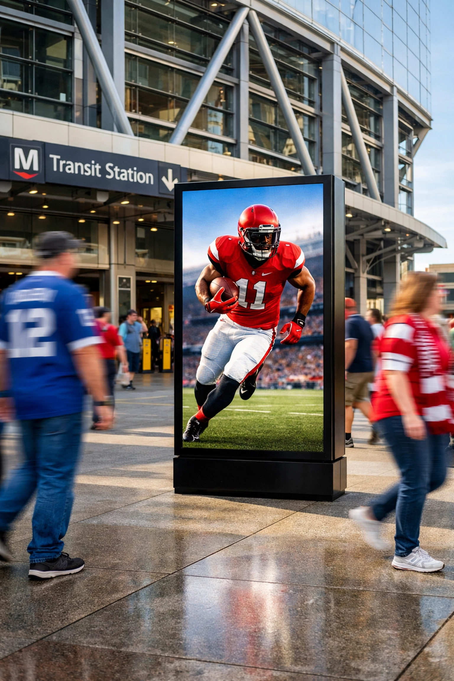 Vertical DOOH display at a transit station targeting sports fans near a stadium venue.