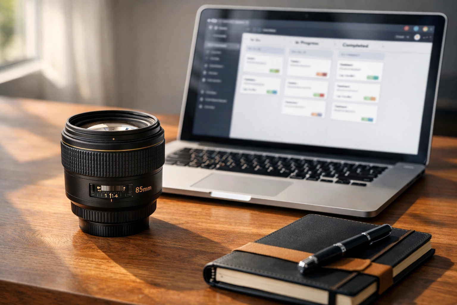 Modern workspace with photography gear, showcasing an efficient workflow for finding the best photography locations.