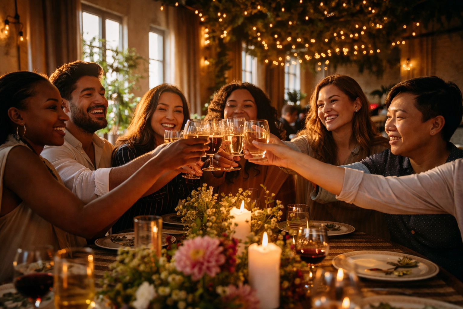 Friends toasting at a community-driven supper club dinner celebrating connection and belonging