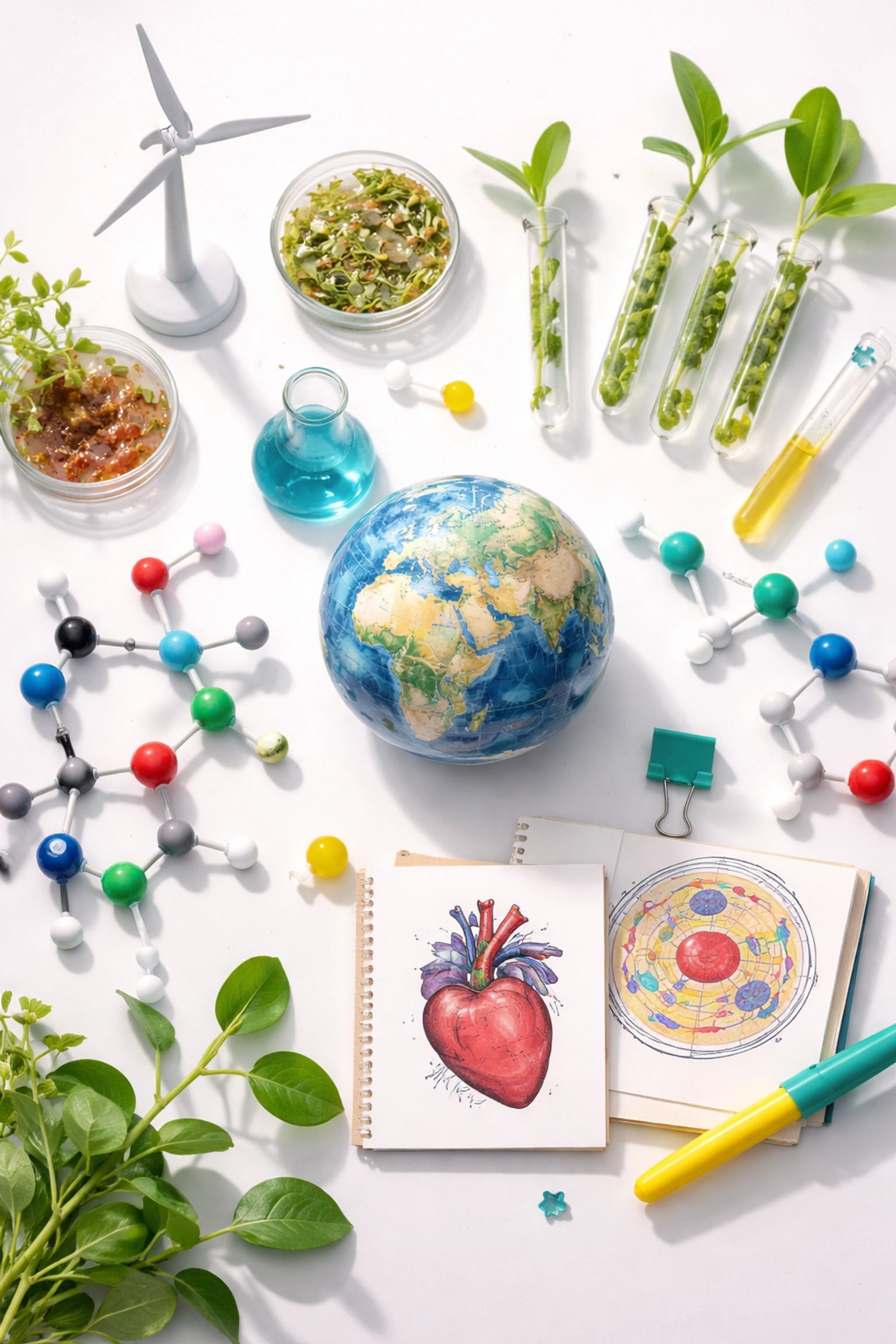 Chemistry's impact on global challenges with plants in test tubes, pharmaceutical models, a globe, and science revision cards.
