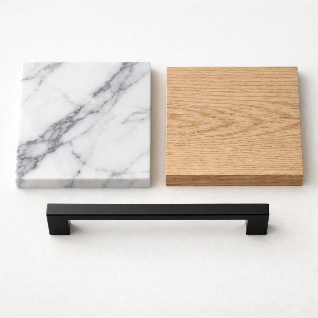 High-quality material samples for home renovations in Red Deer including marble and oak.