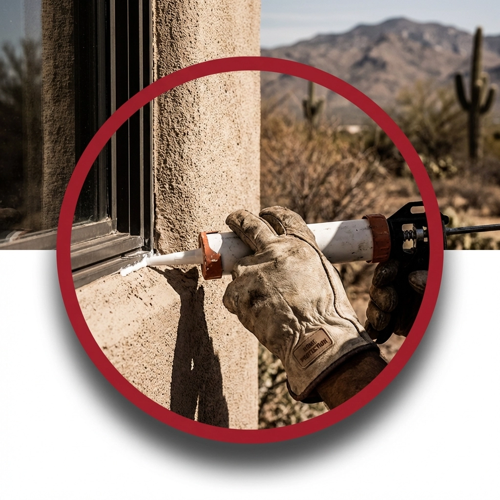 Applying caulk to seal a crack in an Arizona home's exterior for effective scorpion exclusion and pest control.