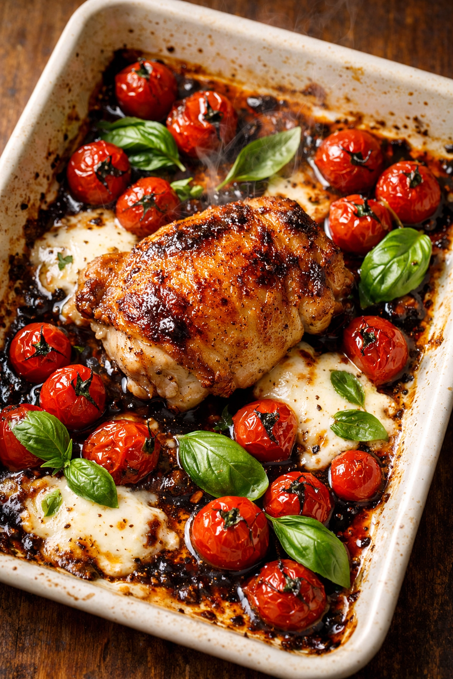 Easy weeknight dinner: balsamic chicken with cherry tomatoes and fresh mozzarella