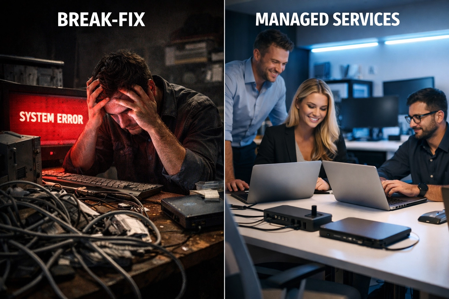 Comparing the chaotic break-fix IT model with organized, proactive managed IT services for small businesses.