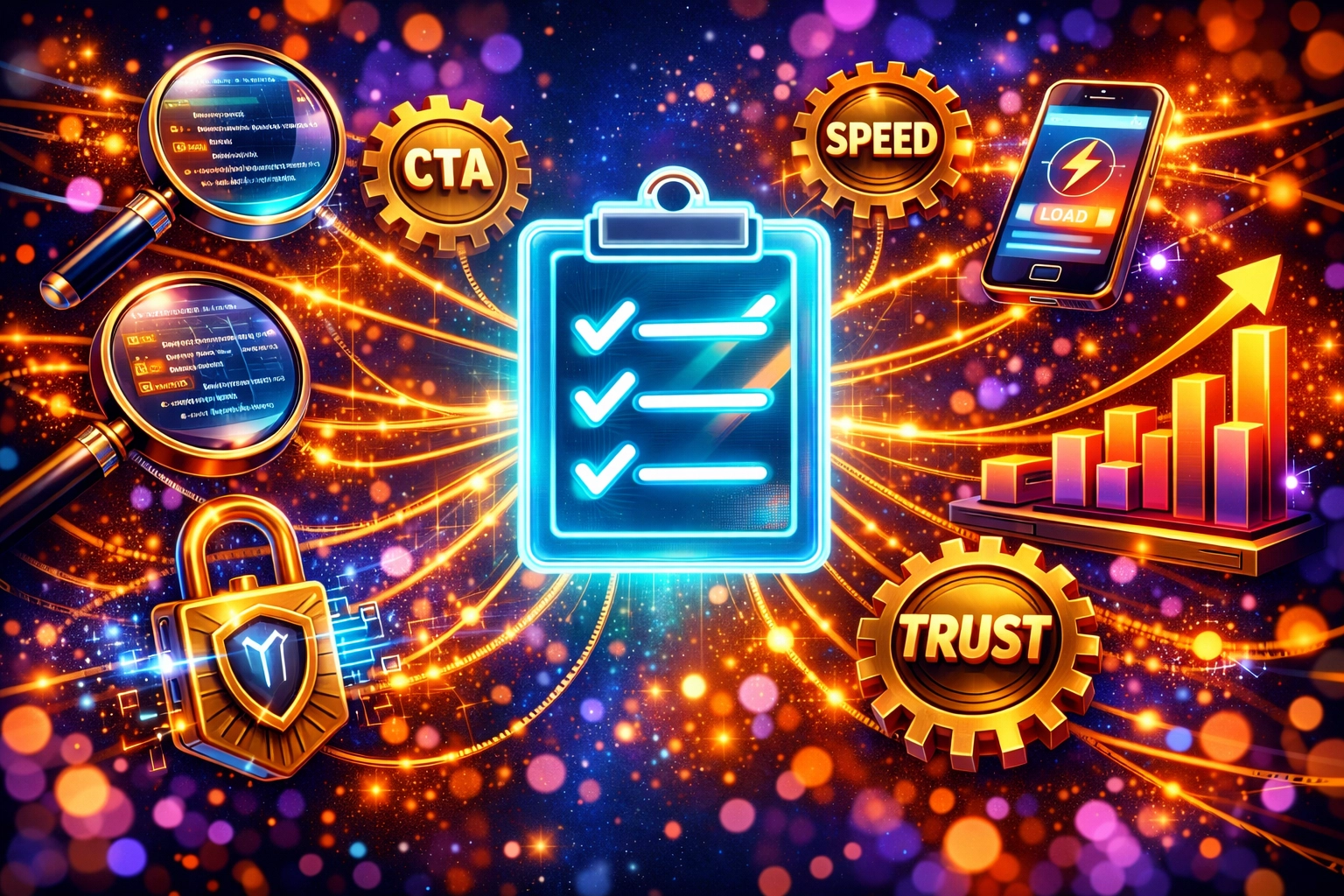 Website conversion audit checklist with interconnected optimization elements including CTAs and trust signals