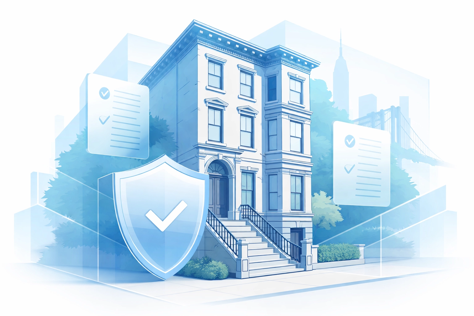 Brooklyn Heights brownstone with legal documents and shields overlay, symbolizing property management and tenant law compliance.