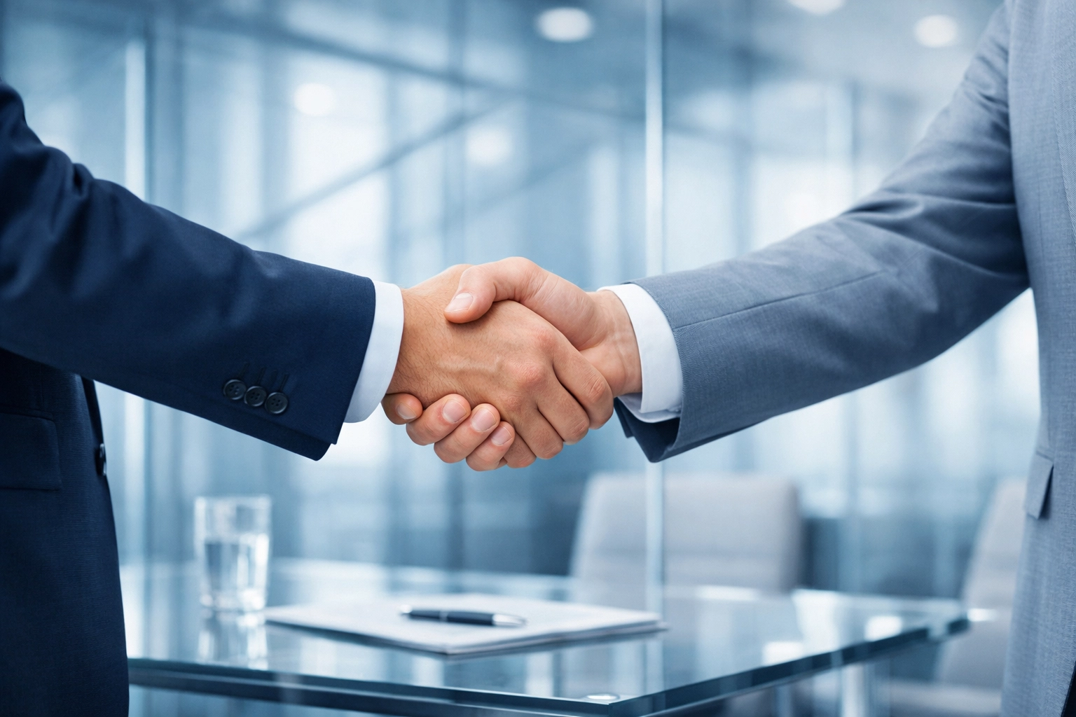 Business professionals shaking hands on an acquisition deal, reflecting capital investment in Alabama small businesses.