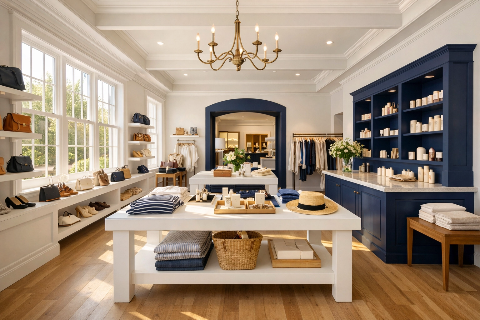 Clean and polished retail boutique interior in Harvard, MA with sun-drenched, sparkling sales floors.