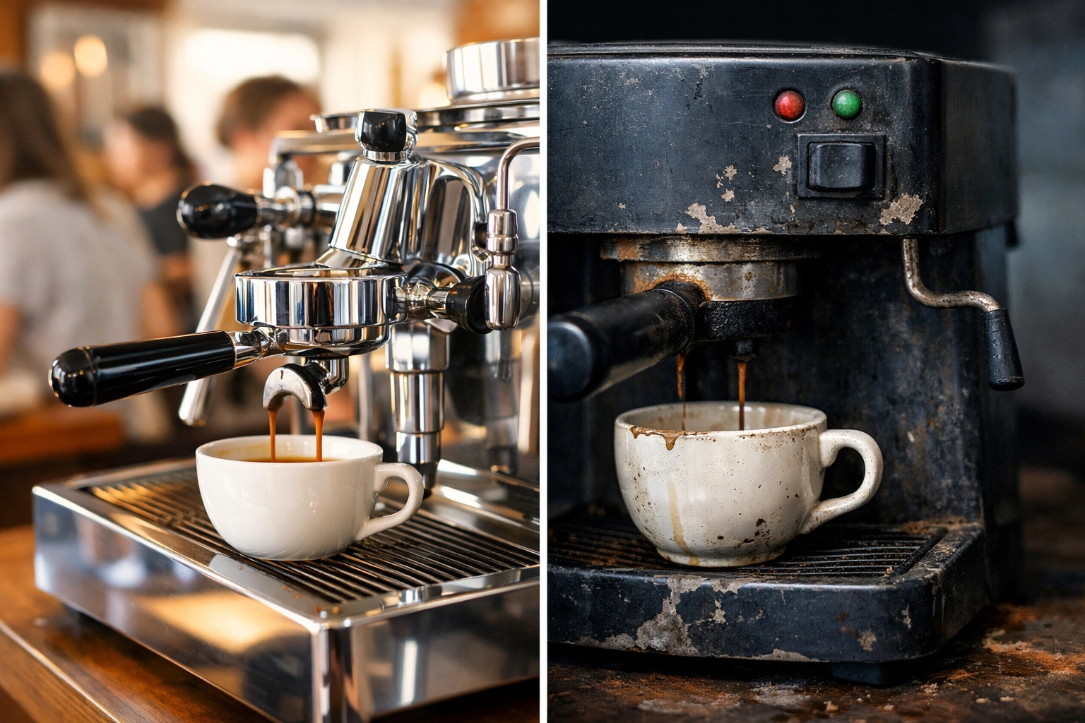 Quality professional espresso machine compared to worn budget equipment