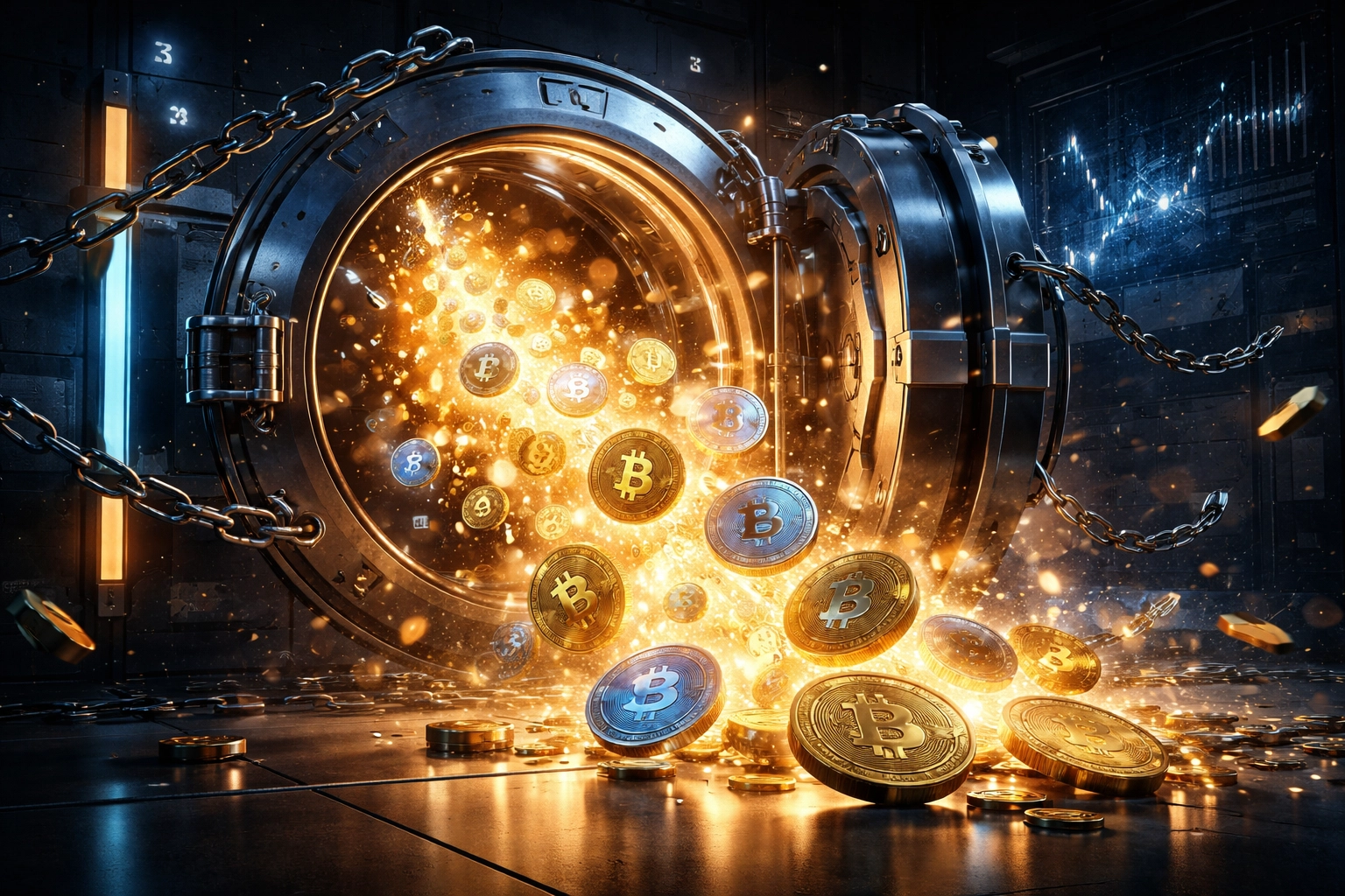 Futuristic vault breaking open with cryptocurrency streaming out, symbolizing self-custody payment freedom and bank-free operations.