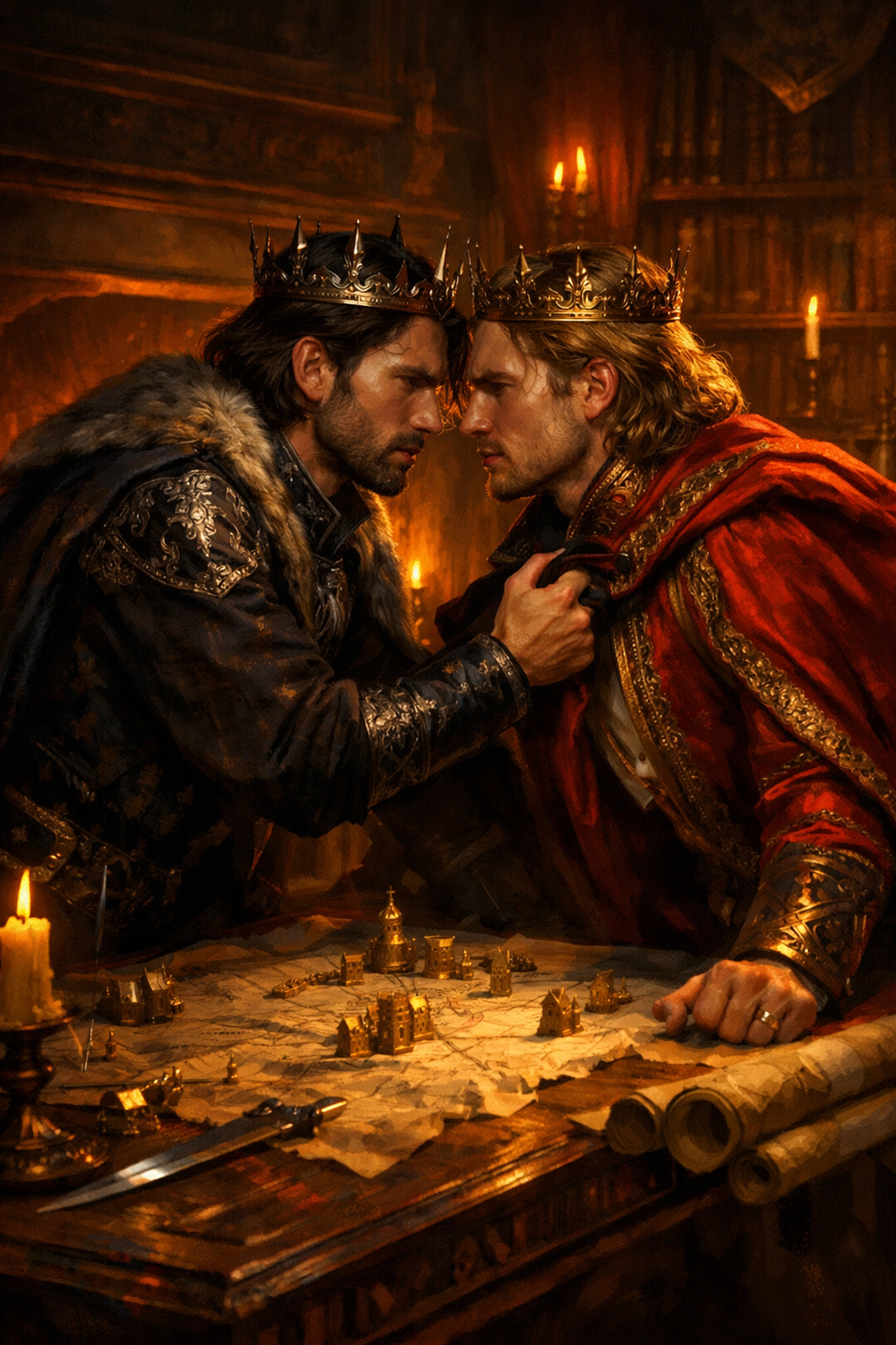 Rival kings locking eyes over a war map in a castle library, showcasing enemies to lovers MM romance.
