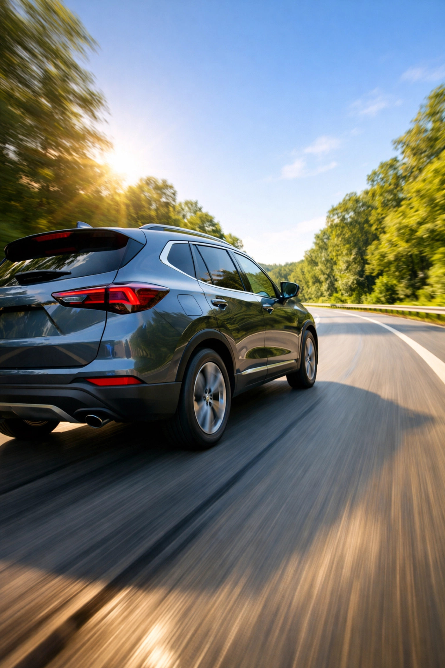 A modern SUV driving efficiently on a highway, highlighting peak engine performance and fuel economy.