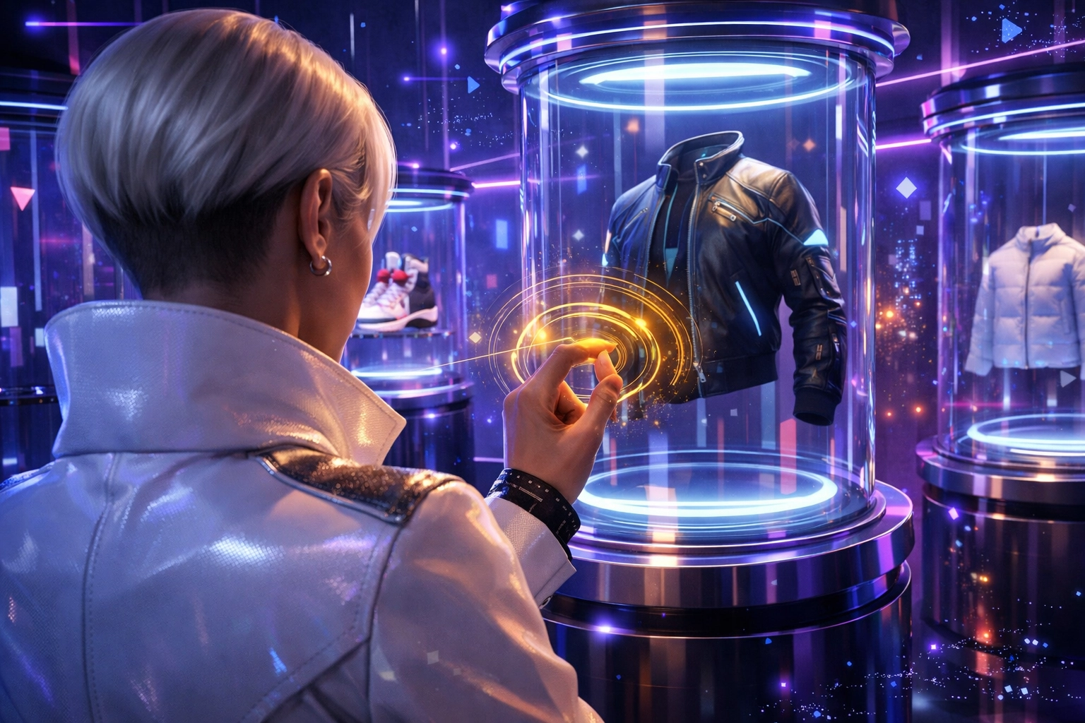 Avatar performing a gesture-based payment in a futuristic metaverse boutique powered by Larecoin.ai