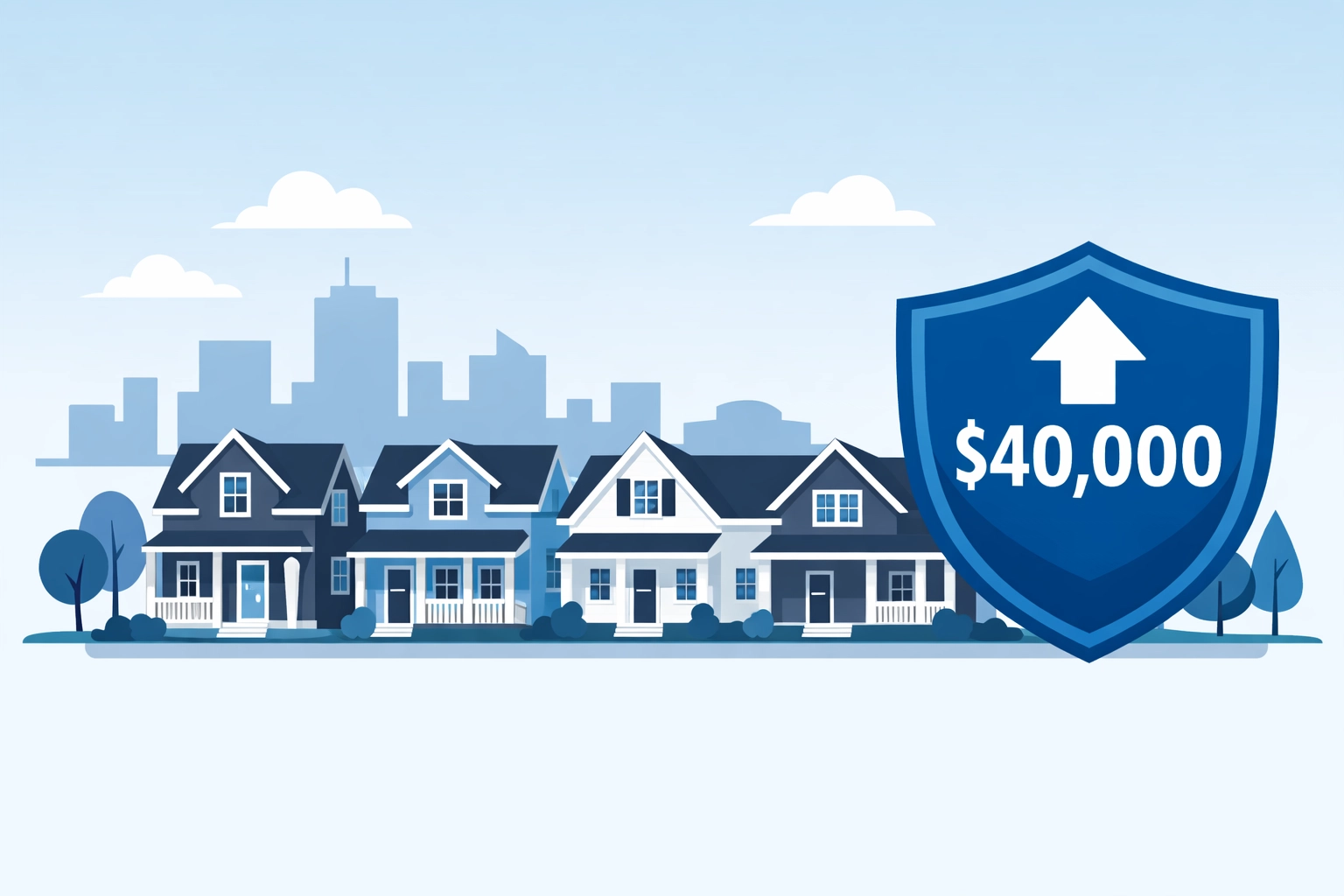 Illustration of homes and a shield representing the $40,000 SALT deduction cap for New Haven property owners.