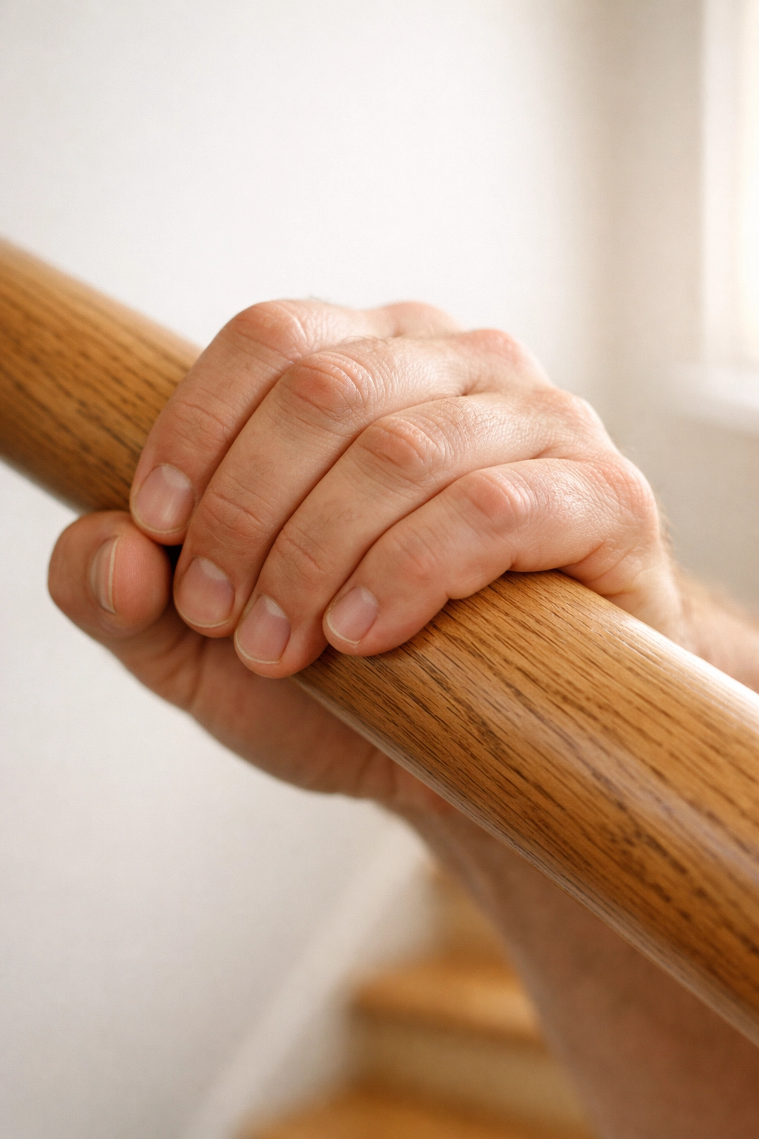 A person's hand using a secure power grip on a rounded wooden handrail for stair safety.
