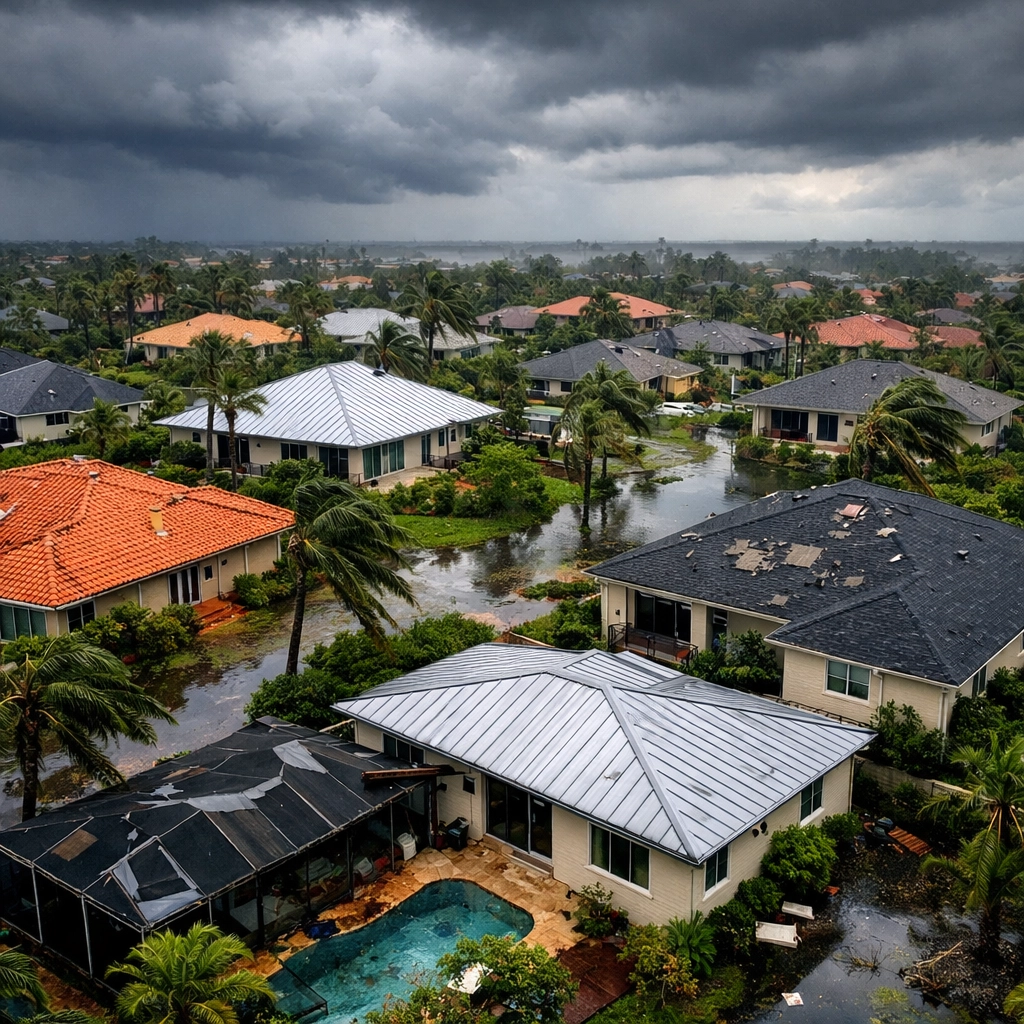 Aerial view of Florida neighborhood showing tile, metal, and asphalt shingle roofs after a storm