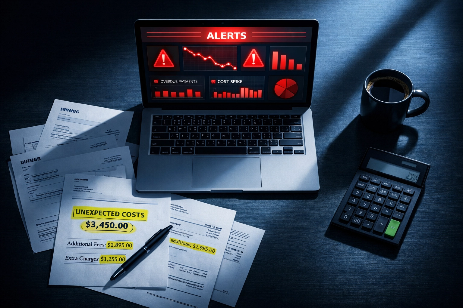 Business desk with laptop showing IT cost alerts and unexpected invoices from reactive support