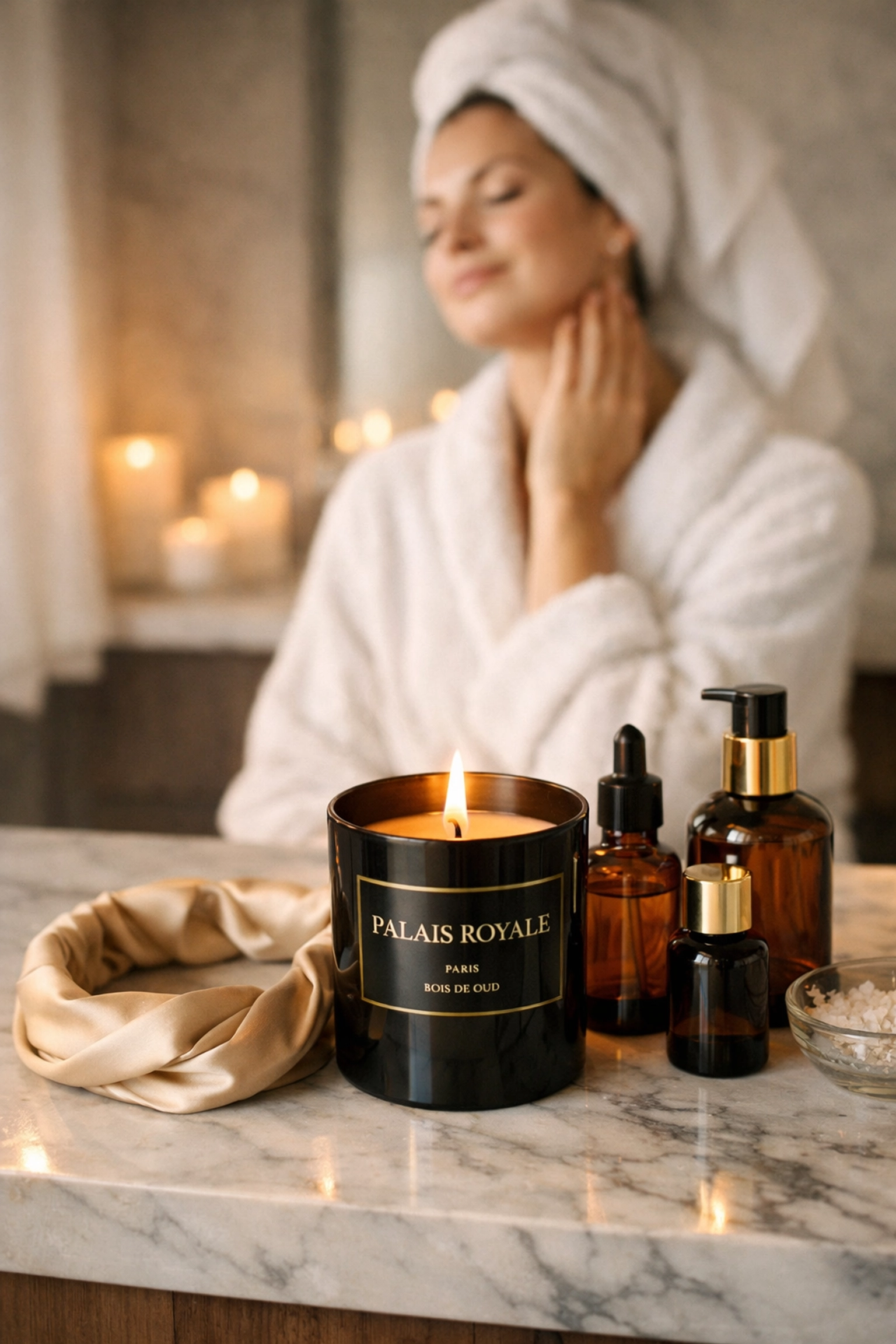 A luxury Palais Royale candle and skincare items, showcasing premium Black-owned beauty and wellness brands.