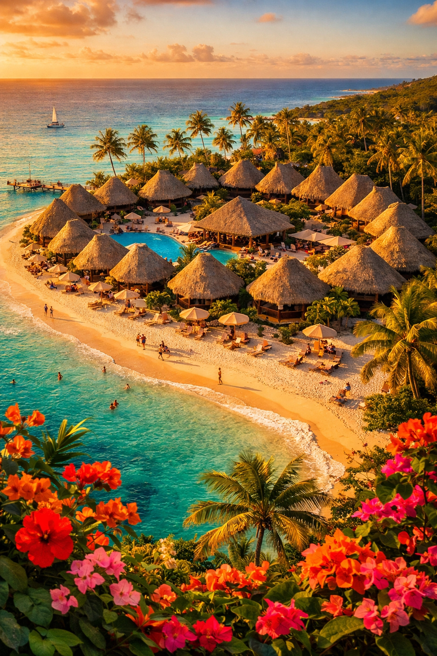 Vintage Club Med resort with thatched huts on tropical beach - historic all-inclusive vacation village