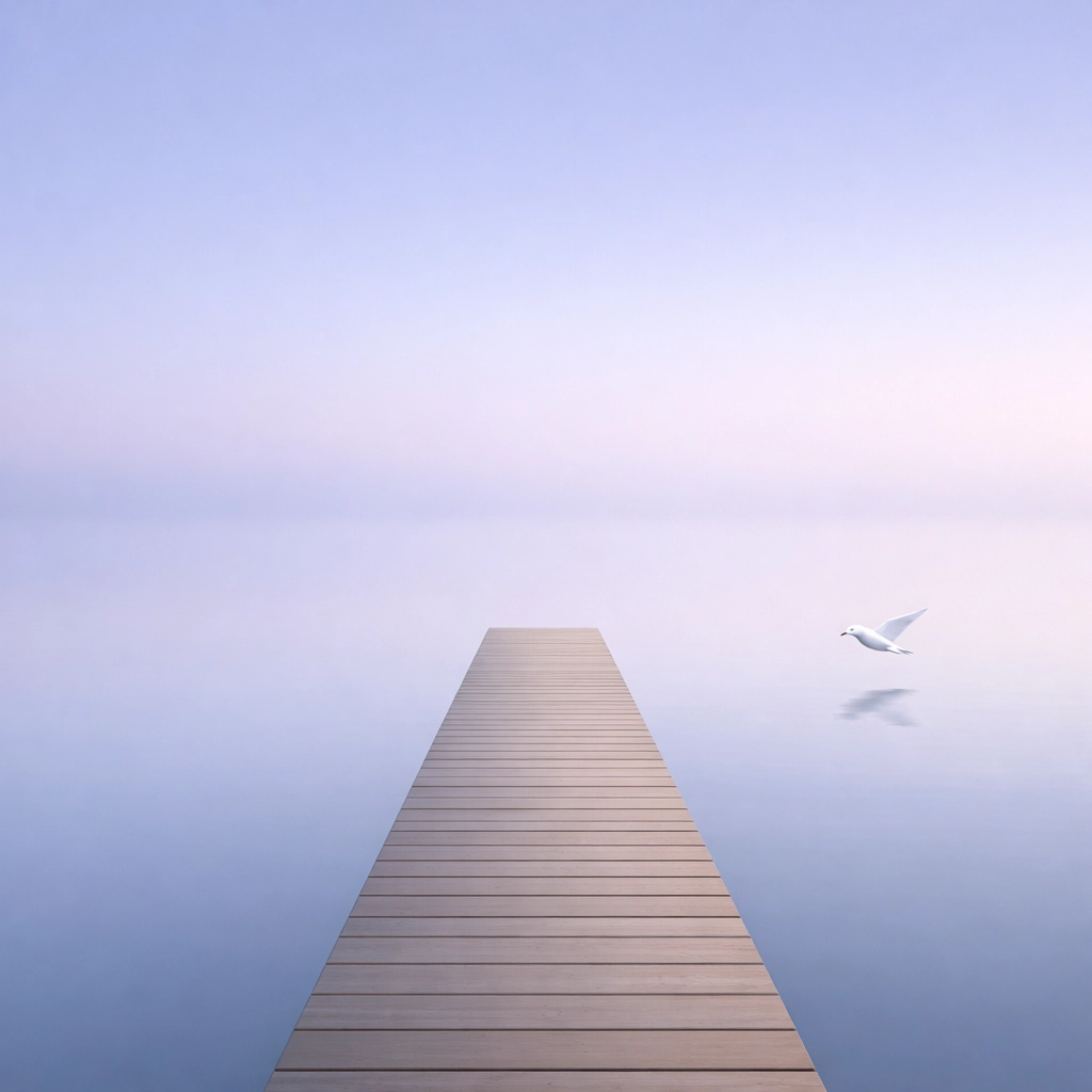 Minimalist pier in the fog representing leadership transition and quiet self-reflection.