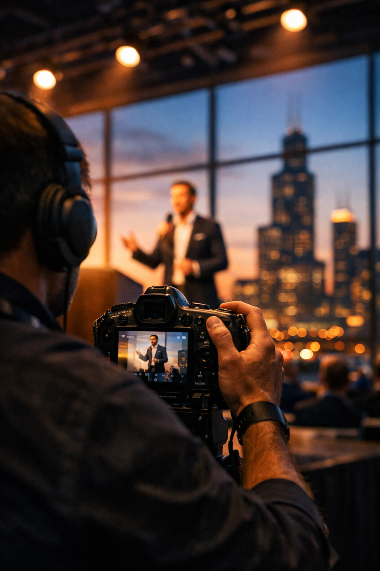 Chicago conference photographer capturing a keynote speaker in a modern ballroom with city skyline views.