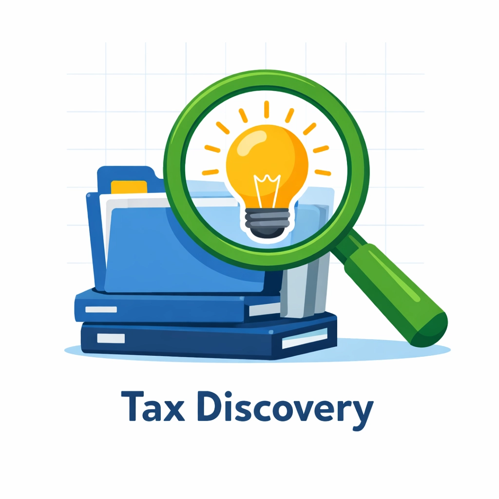 A magnifying glass finding hidden tax deductions and credits through professional tax preparation services.