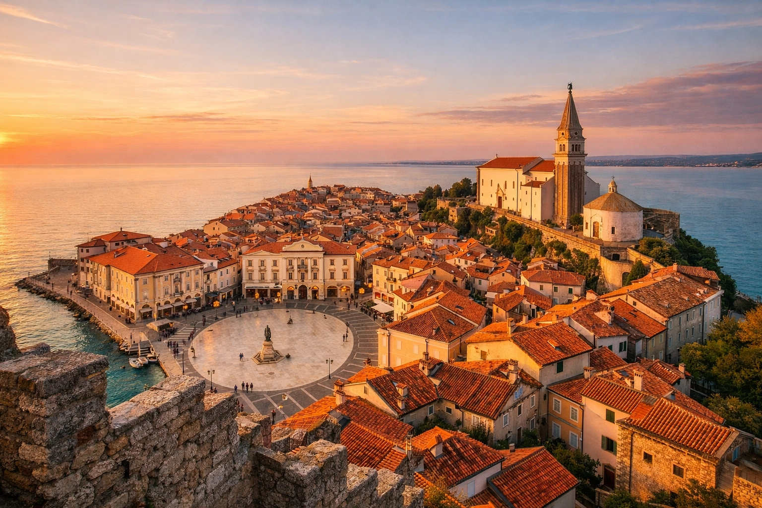 Golden hour view of Piran Slovenia, a top choice among the best photography locations for Mediterranean charm.