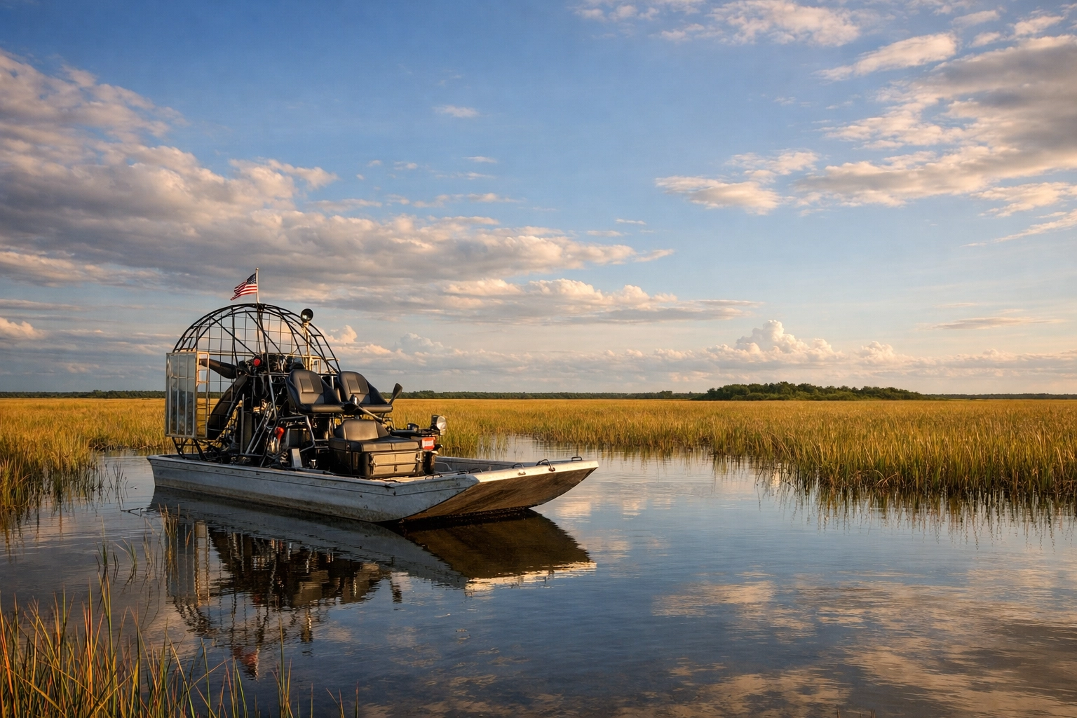 Traditional airboat resting in the sawgrass marshes of Everglades National Park at sunset.